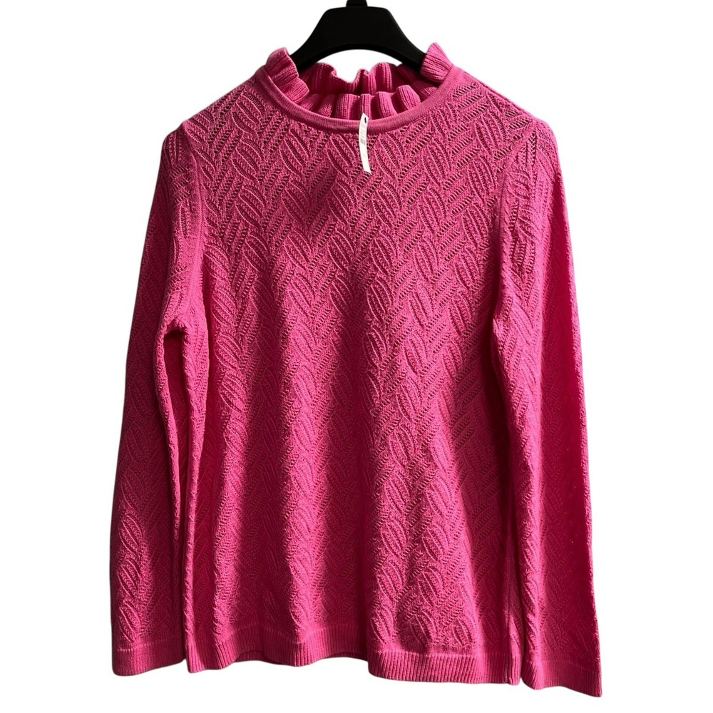 Talbots Sweater Women XL Pink Pointelle Wool Blend Ruffle Neck Pullover Feminine